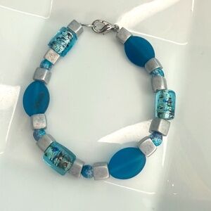 Hand Crafted Silver Gray & Turquoise Sea Glass Unisex Bracelet
